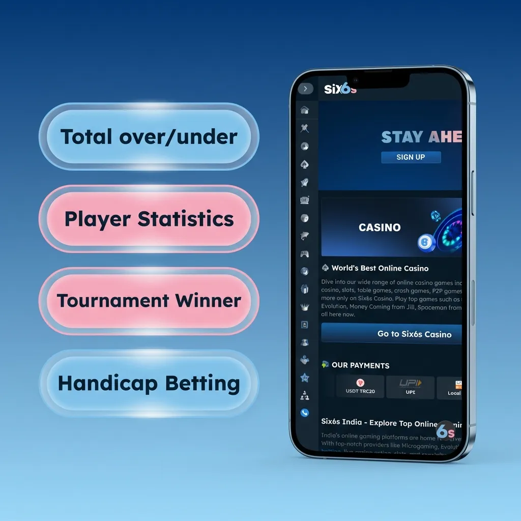 Six6s app betting options including single bets, accumulators, trebles, system bets, and live in-play wagering.